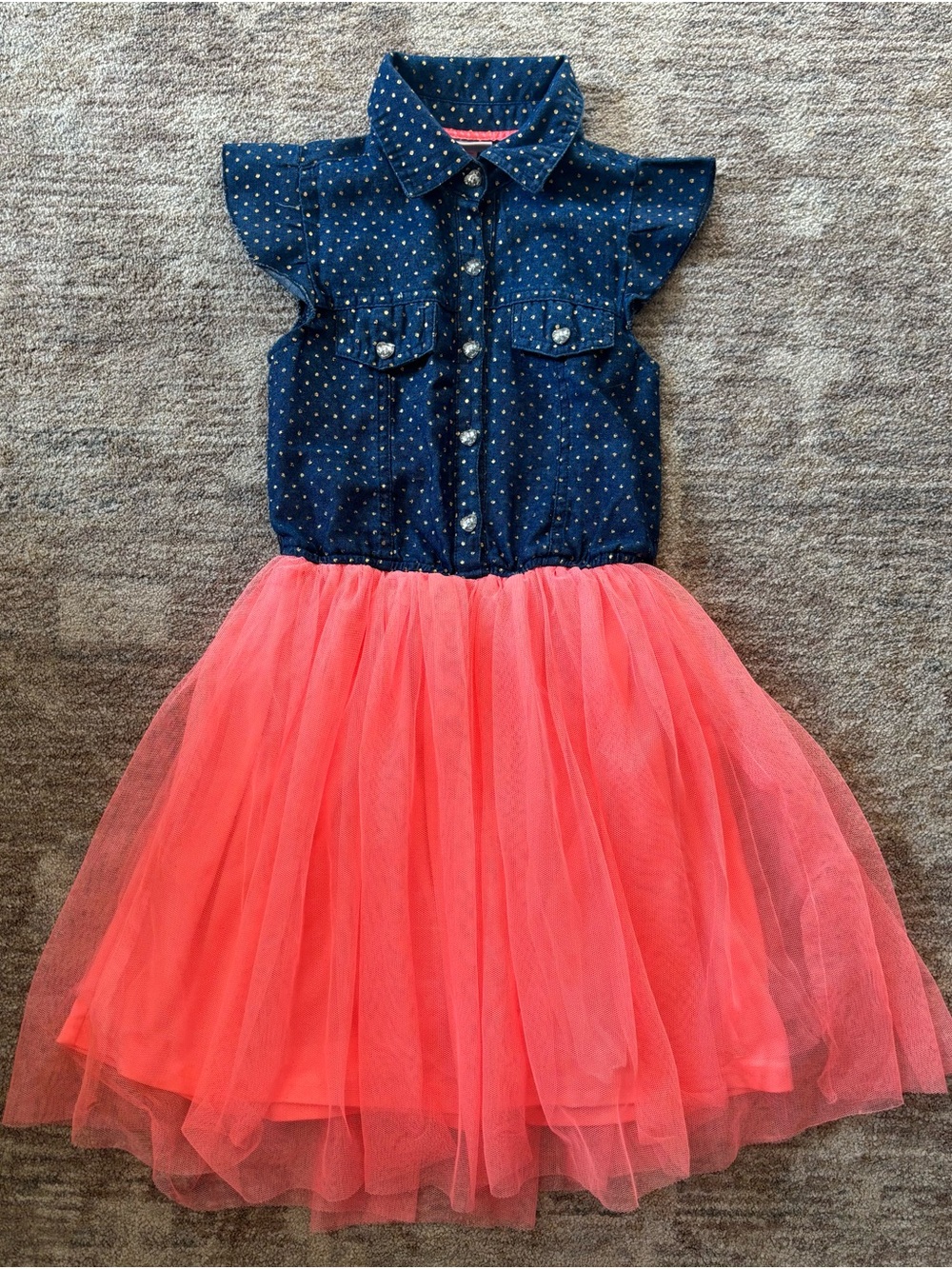 Little Lass Navy Denim Top with Gold Polka Dots and Coral Tulle Skirt